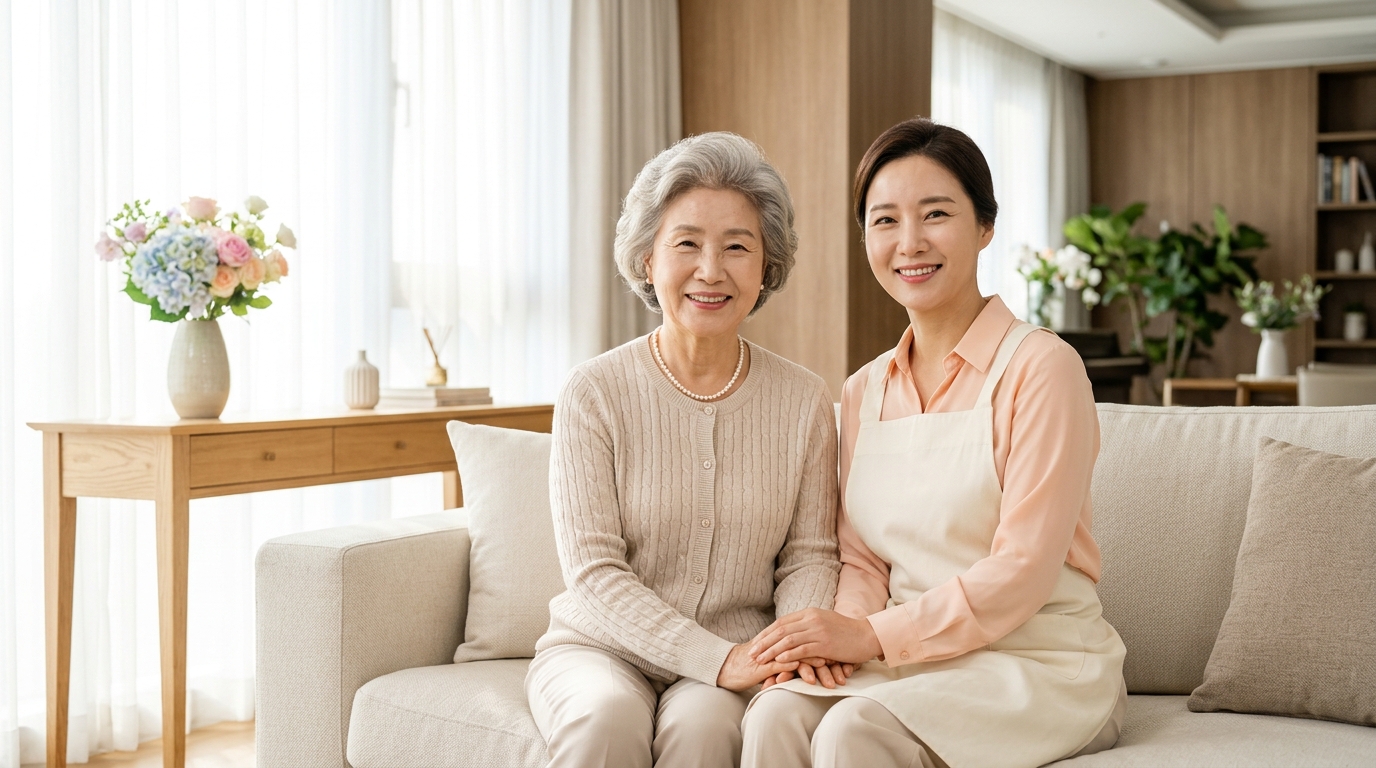어르신의 손을 따뜻하게 잡아드리는 한국인 요양보호사